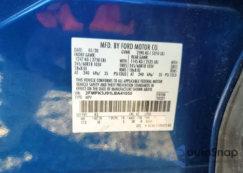 2020 Ford Edge Sel из США, поврежденный, VIN 2FMPK3J91LBA41050